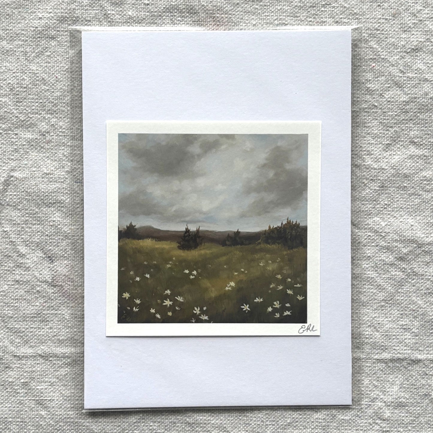 Art print of a landscape with trees and flowers on a textured gray background