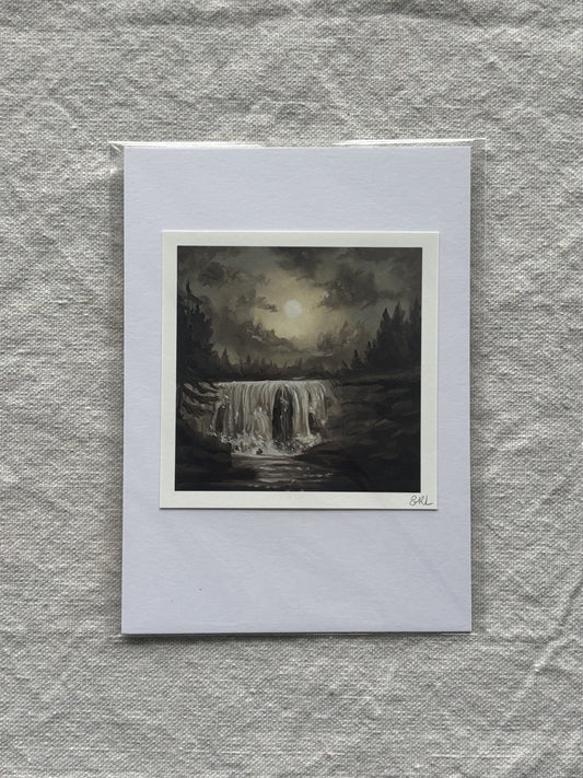  artwork of a moonlit waterfall on a textured gray surface