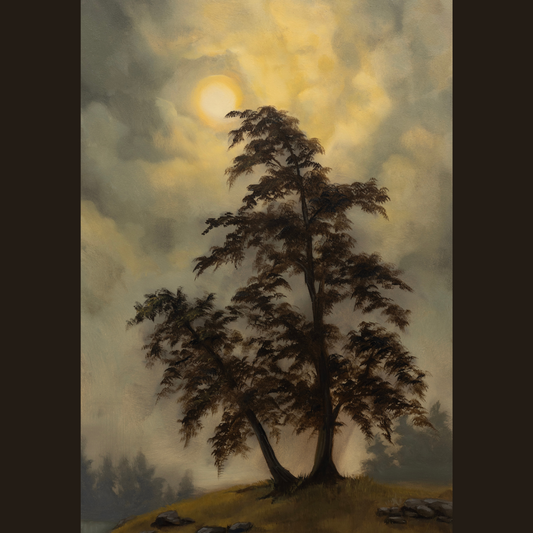 Painting of a lone tree on a hill with a sunlit sky