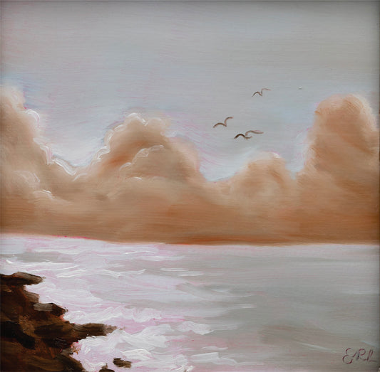 Painting of a landscape with clouds and water, featuring the artist's signature.