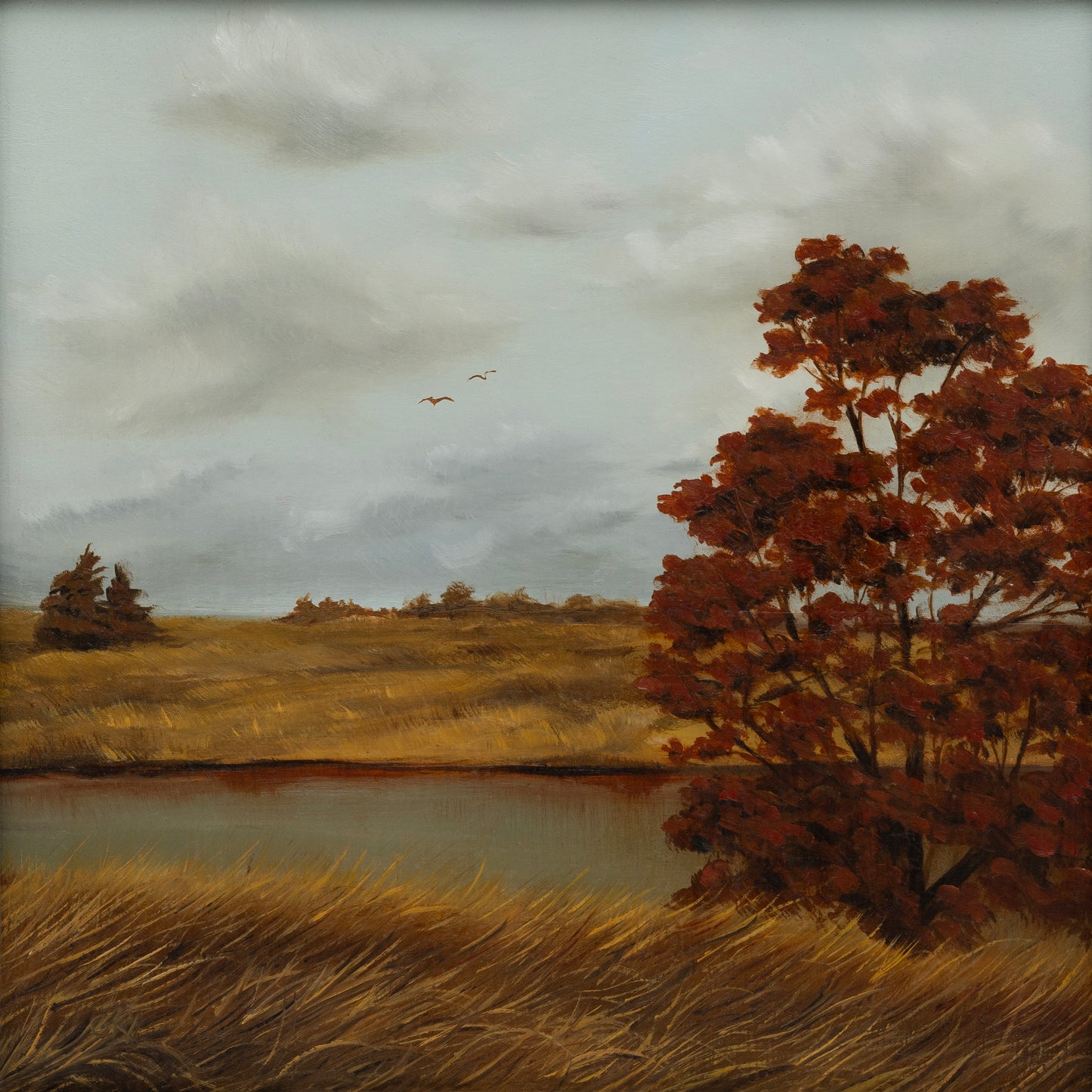 Painting of a landscape with trees, grass, and a body of water under a cloudy sky.