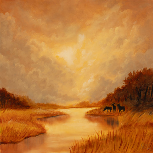 Painting of a river landscape with two animals and a sunset sky.