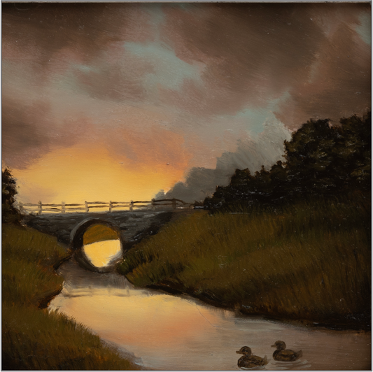 Painting of a bridge over a stream with ducks at sunset.
