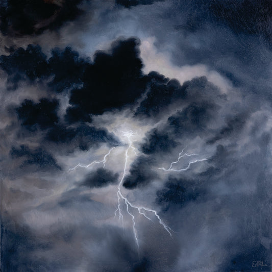 Artistic depiction of a stormy sky with dark clouds and lightning bolts.