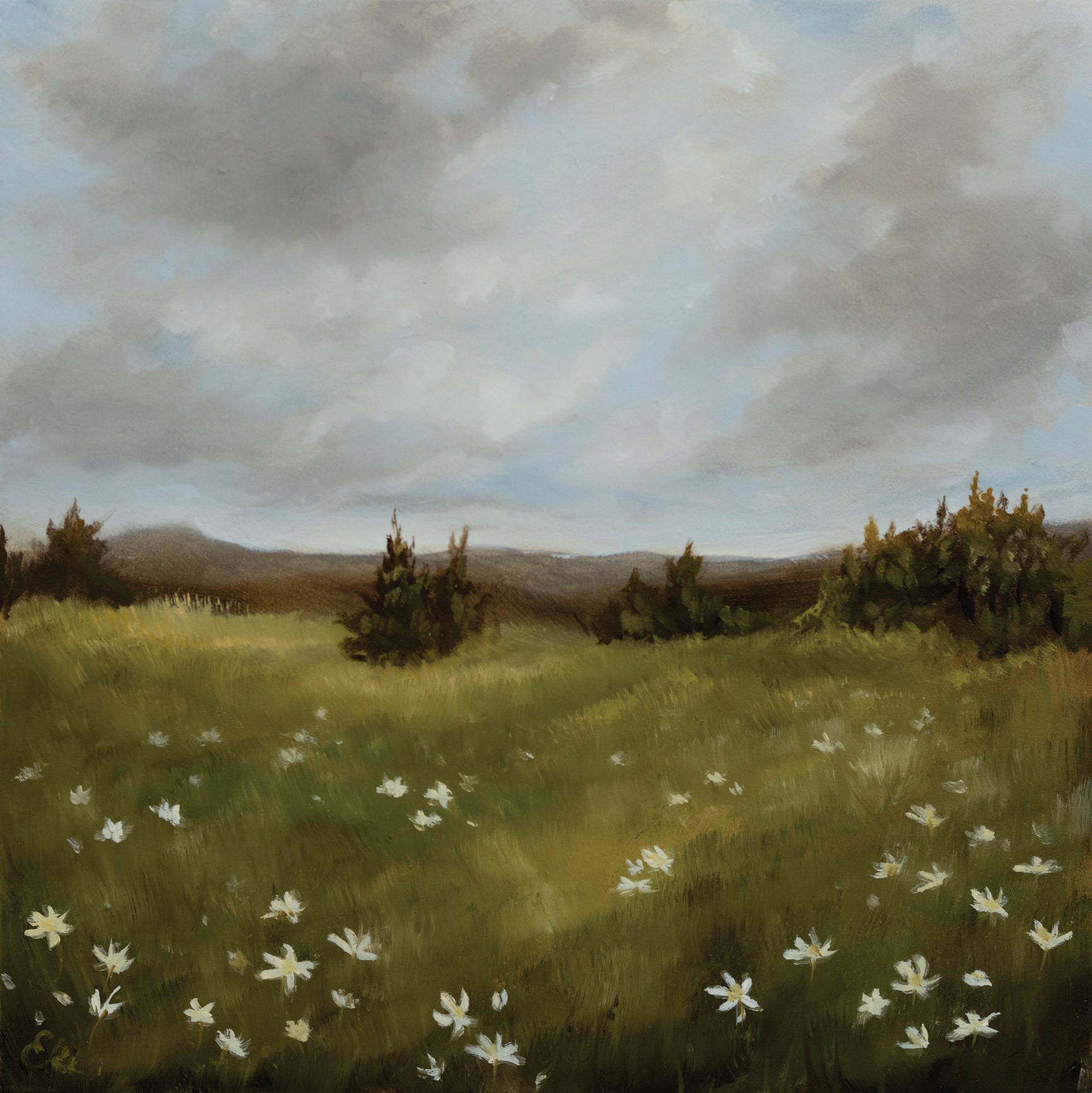 Painting of a grassy field with white flowers and a cloudy sky