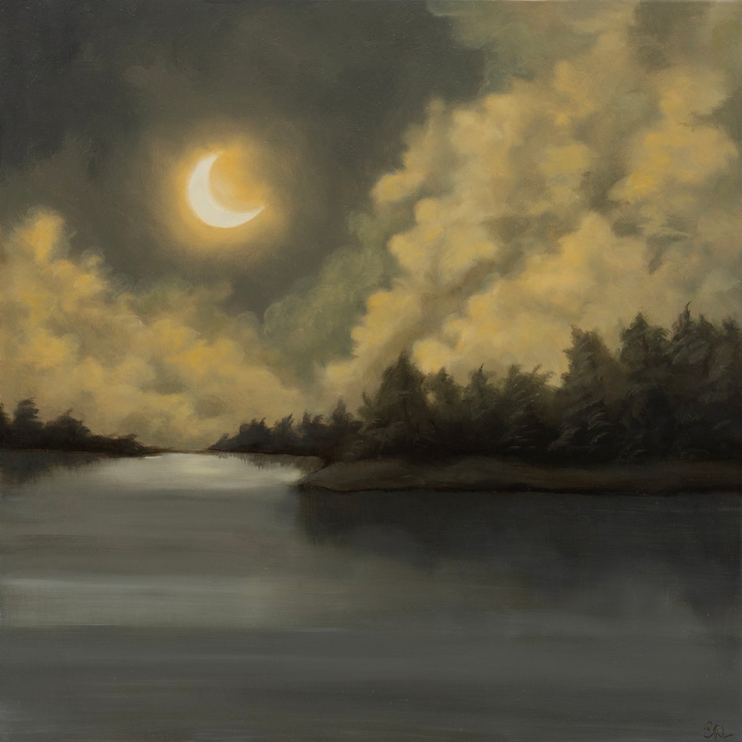 Painting of a crescent moon over a misty lake with trees