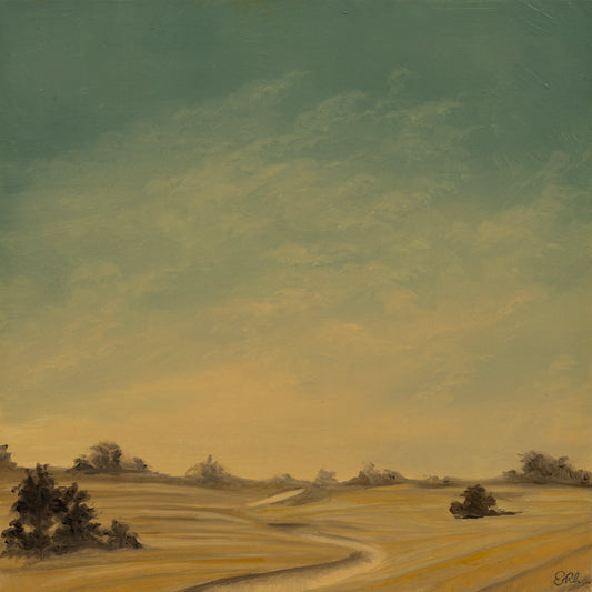 Painting of a landscape with rolling hills and a cloudy sky