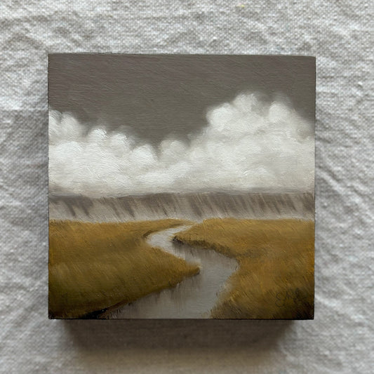 Squarepainting of a landscape with a river and clouds on a wood panel