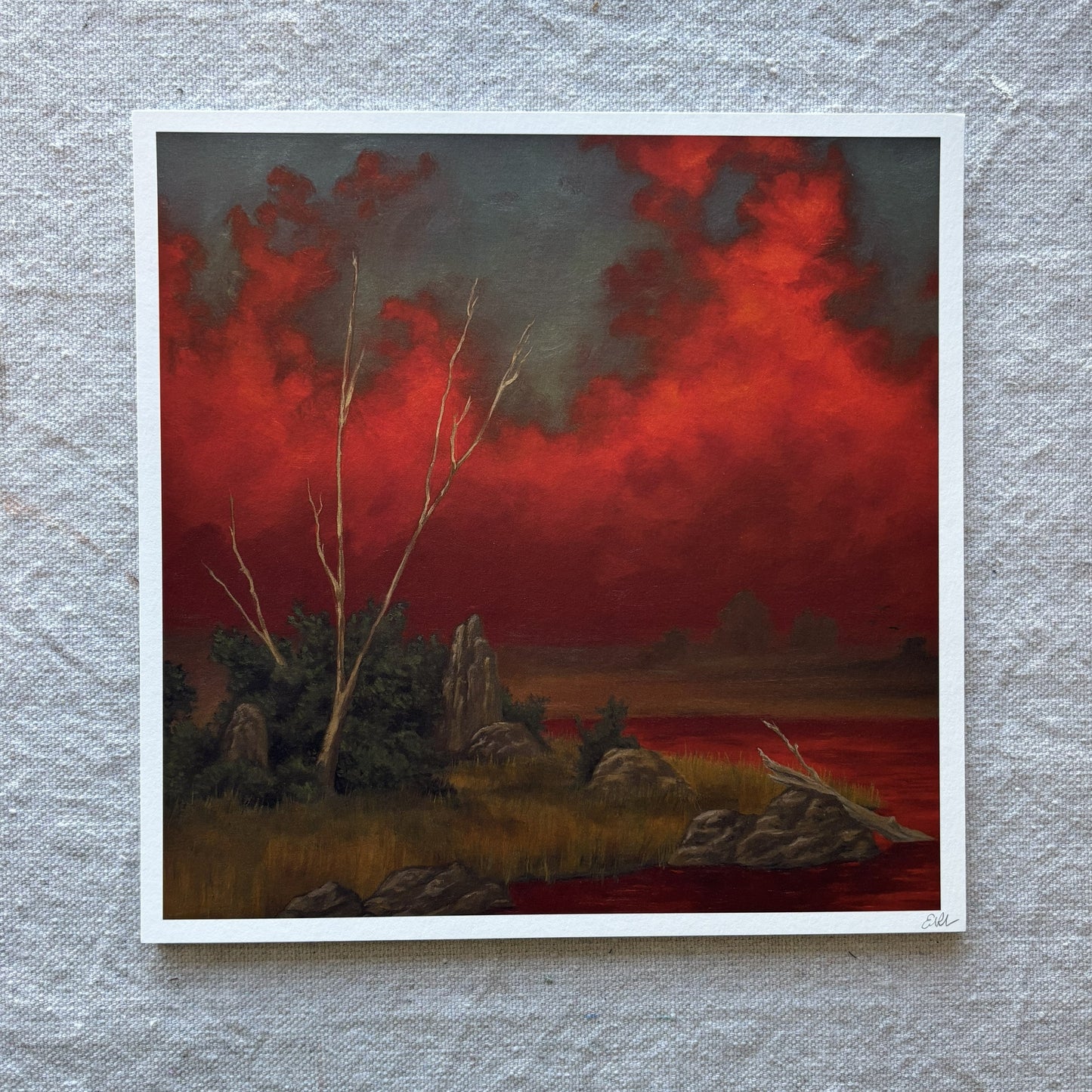 fine art print of landscape with red clouds and a dead tree