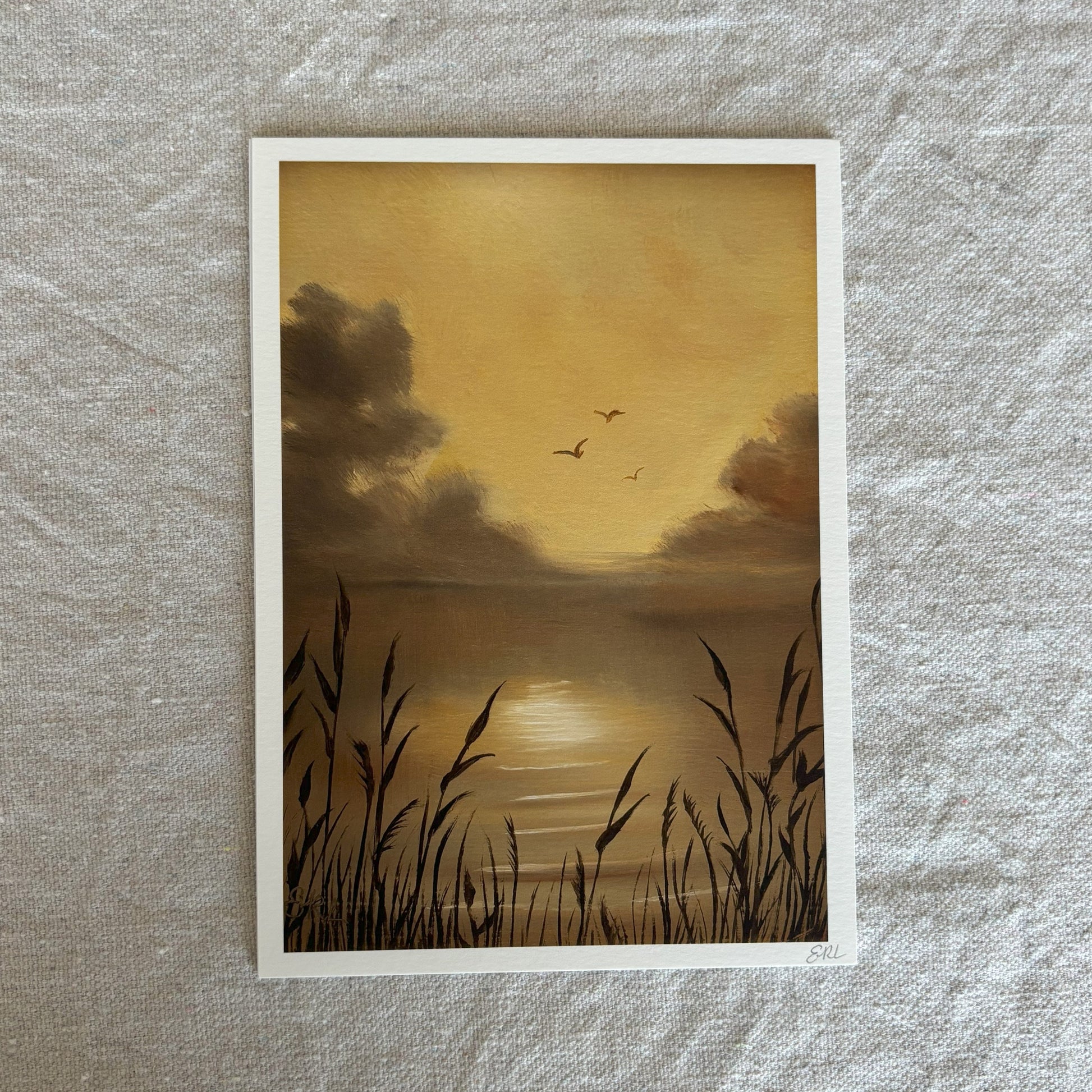 Artistic depiction of a sunset over water with birds and reeds on a textured surface.