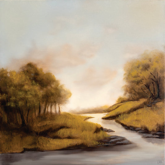 Painting of a serene landscape with trees and a river