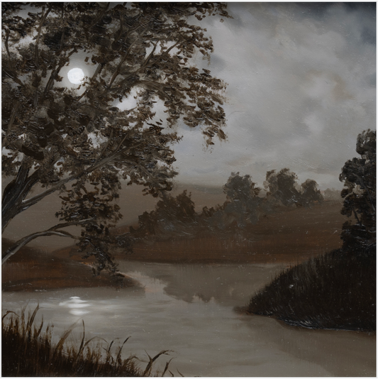 Landscape with a tree by a river under a cloudy sky