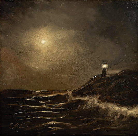 Lighthouse on a rocky shore with a bright light in the dark night sky.