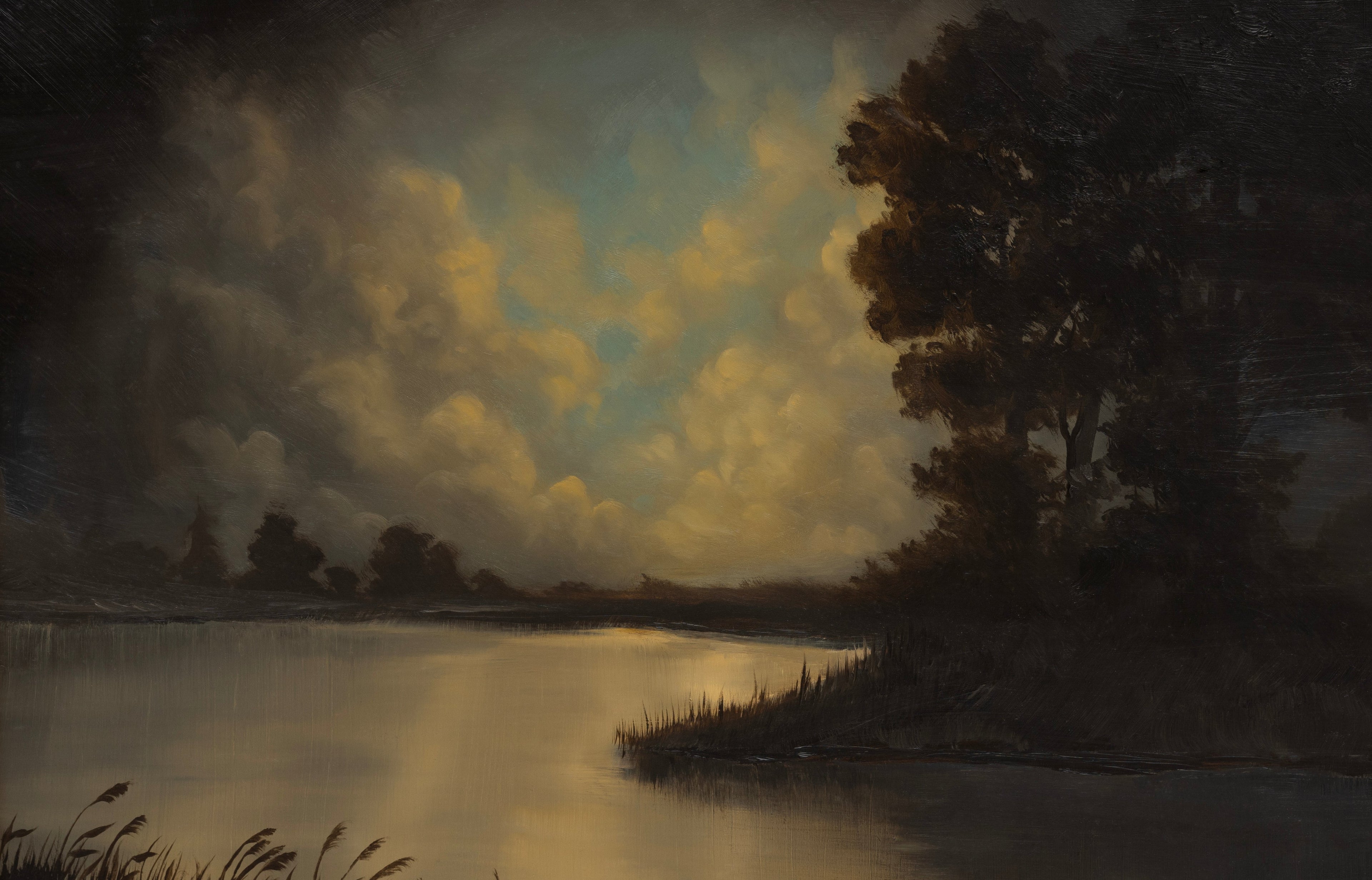 moody oil painting with lake, tree, and gold sky