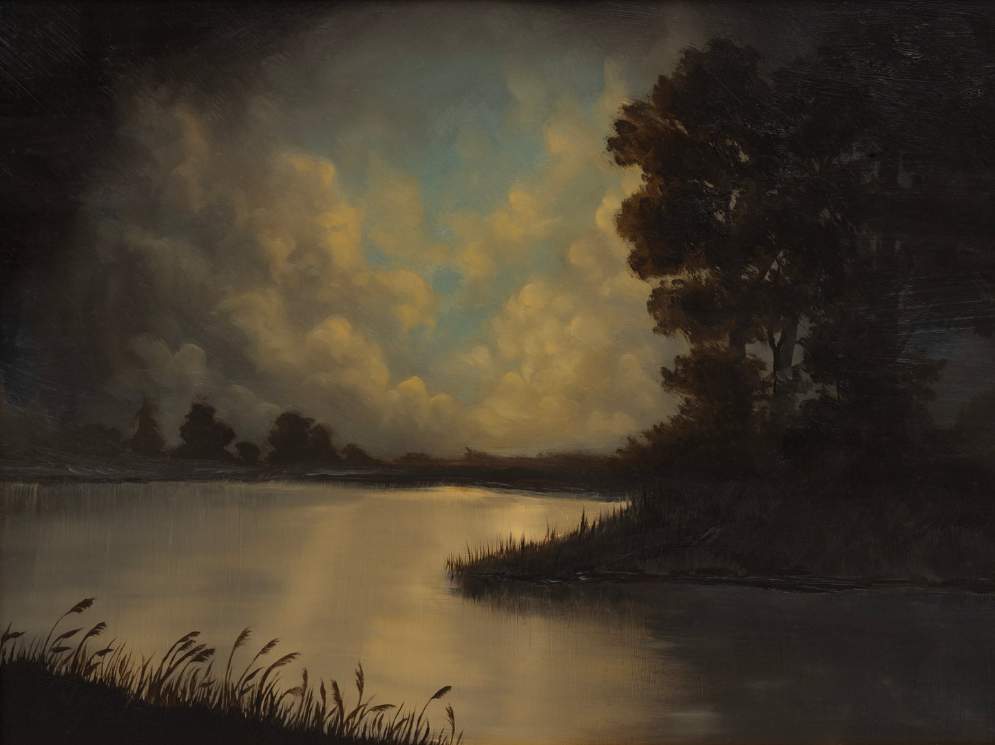 Landscape painting of a lake with trees and clouds