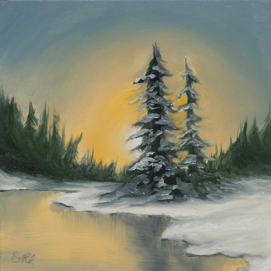 Painting of snowy trees with a warm sunset in the background